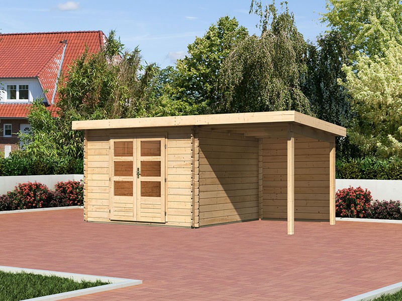 Karibu Holz-Gartenhaus Malta Premium 3 mit 2m Anbaudach + Rückwand - 28mm Blockbohlenbau - naturbelassen - inkl. Boden