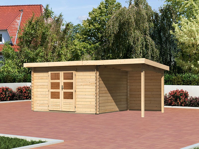 Karibu Holz-Gartenhaus Malta Premium 4 mit 2m Anbaudach + Rückwand - 28mm Blockbohlenbau - naturbelassen - inkl. Boden