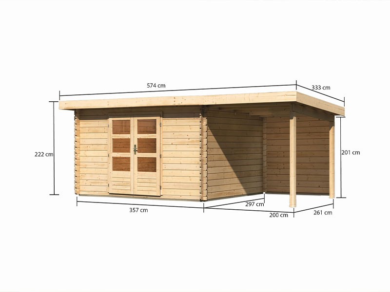SPARSET: Karibu Holz-Gartenhaus Malta Premium 4 mit 2m Anbaudach + Rückwand - 28mm Blockbohlenbau - naturbelassen - inkl. Boden
