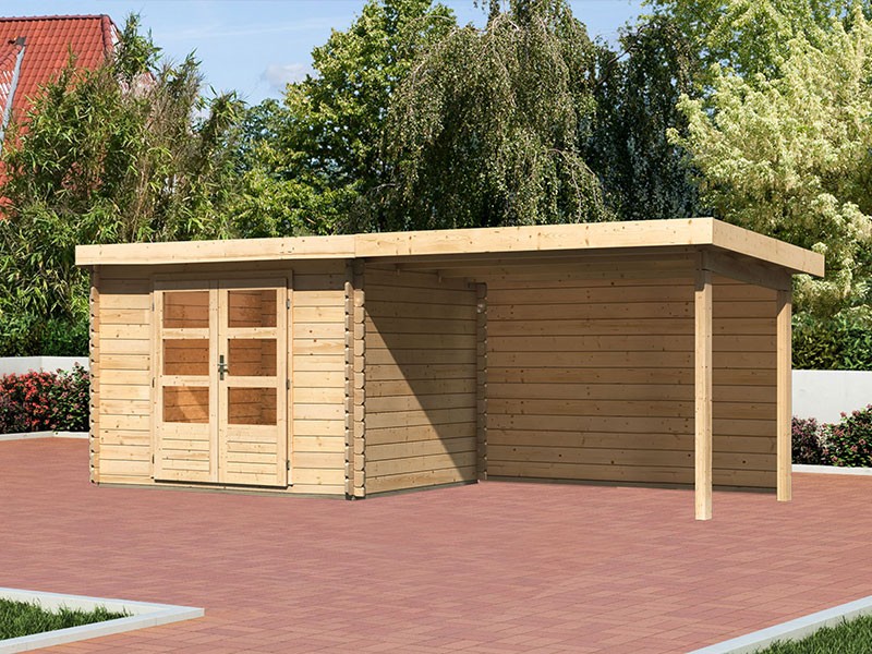 Karibu Holz-Gartenhaus Malta Premium 2 mit 3m Anbaudach + Rückwand - 28mm Blockbohlenbau - naturbelassen - inkl. Boden