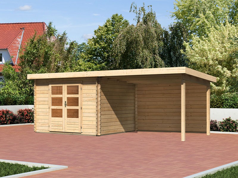 SPARSET: Karibu Holz-Gartenhaus Malta Premium 3 mit 3m Anbaudach + Rückwand - 28mm Blockbohlenbau - naturbelassen - inkl. Boden