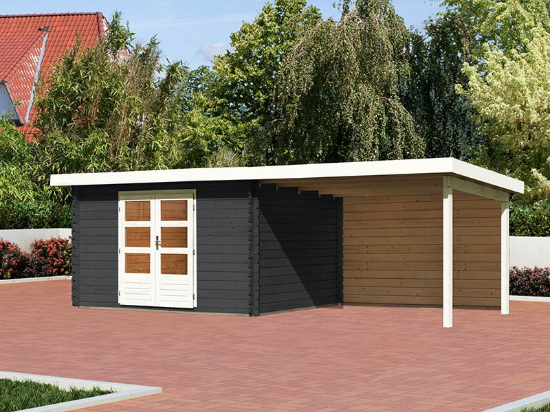 Karibu Holz-Gartenhaus Malta Premium 4 mit 3m Anbaudach + Rückwand - 28mm Blockbohlenbau - anthrazit - inkl. Boden