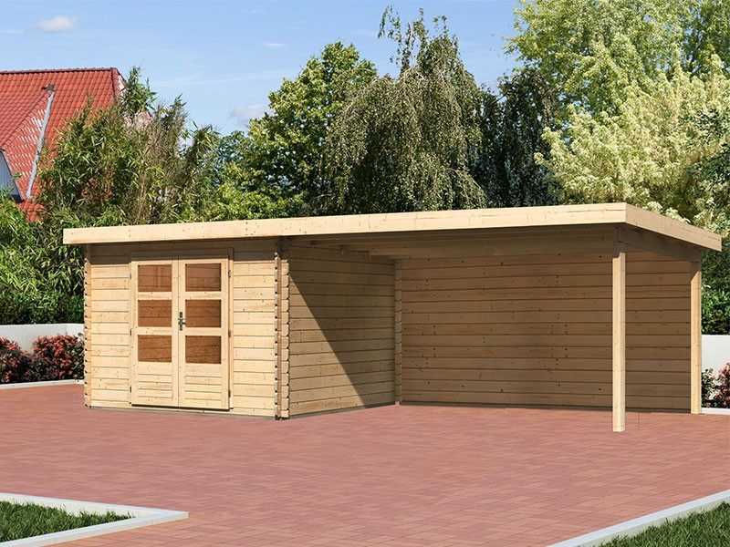 Karibu Holz-Gartenhaus Malta Premium 3 mit 4m Anbaudach + Rückwand - 28mm Blockbohlenbau - naturbelassen - inkl. Boden