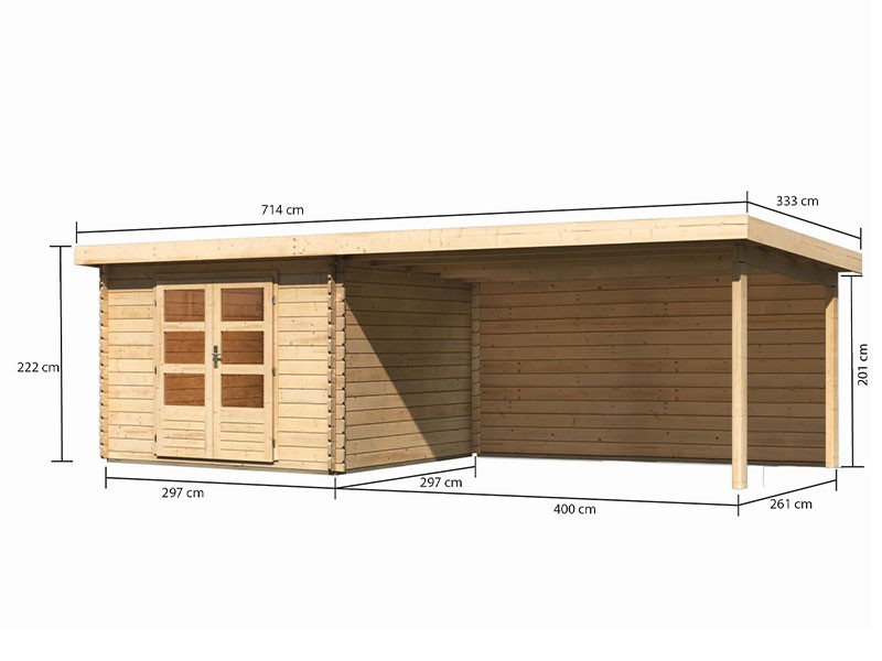 Karibu Holz-Gartenhaus Malta Premium 3 mit 4m Anbaudach + Rückwand - 28mm Blockbohlenbau - naturbelassen - inkl. Boden