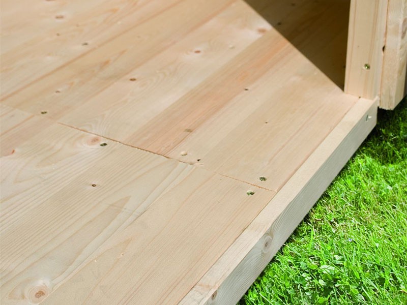 Karibu Holz-Gartenhaus Malta Premium 4 mit 4m Anbaudach + Rückwand - 28mm Blockbohlenbau - naturbelassen - inkl. Boden