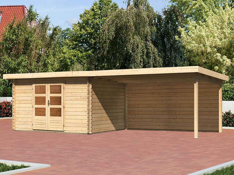Karibu Holz-Gartenhaus Malta Premium 4 mit 4m Anbaudach + Rückwand - 28mm Blockbohlenbau - naturbelassen - inkl. Boden