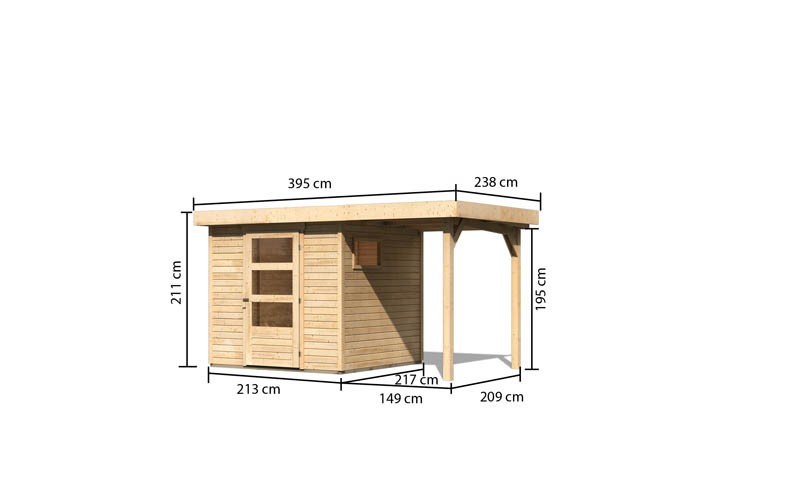Woodfeeling Holz-Gartenhaus Oburg 2 mit Anbaudach 1,50 m - 19 mm Schraub-/Stecksystem - naturbelassen