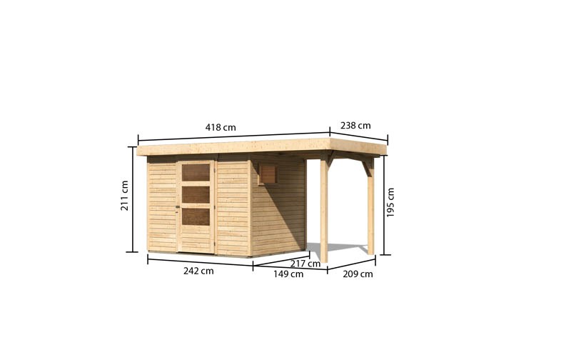 Woodfeeling Holz-Gartenhaus Oburg 3 mit Anbaudach 1,50 m - 19 mm Schraub-/Stecksystem - naturbelassen