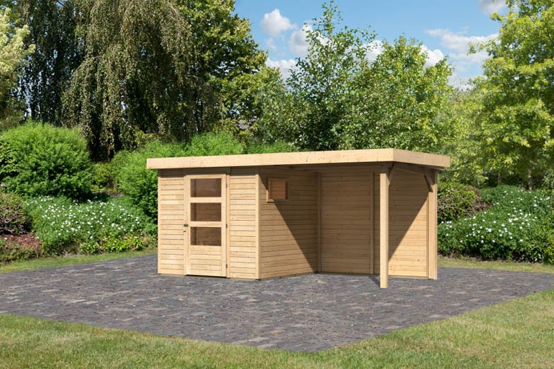 Woodfeeling Holz-Gartenhaus Oburg 2 mit Anbaudach 2,4m + Rückwand - 19 mm Schraub-/Stecksystem - naturbelassen