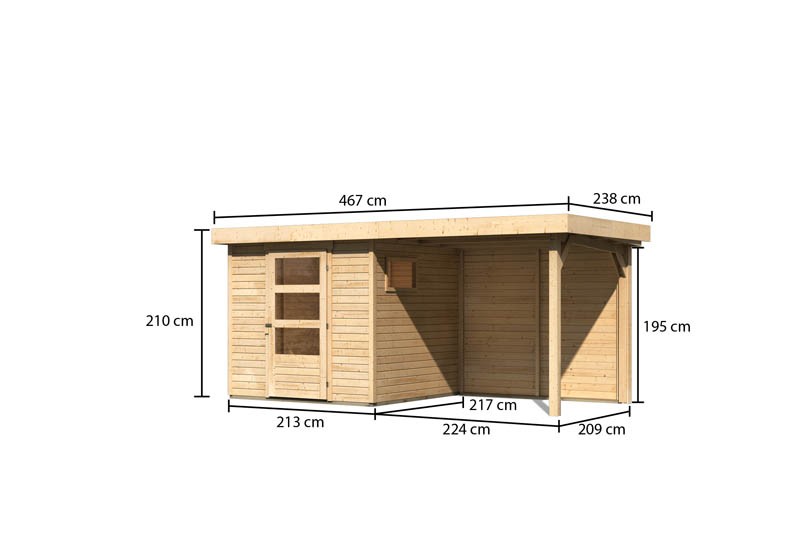 Woodfeeling Holz-Gartenhaus Oburg 2 mit Anbaudach 2,4m + Rückwand - 19 mm Schraub-/Stecksystem - naturbelassen