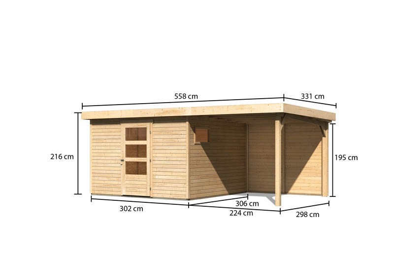 Karibu Holz-Gartenhaus Oburg 6 mit Anbauwand 2,4m + Rückwand - 19 mm Schraub-/Stecksystem - naturbelassen