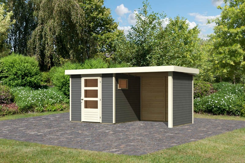 Woodfeeling Holz-Gartenhaus Oburg 2 mit Anbaudach 2,4m + Seiten- und Rückwand - 19 mm Schraub-/Stecksystem - terragrau