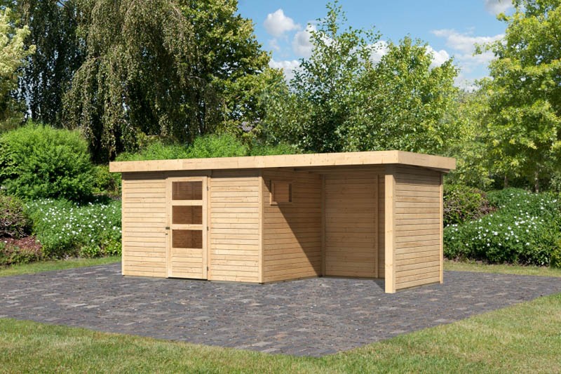 Woodfeeling Holz-Gartenhaus Oburg 4 mit Anbaudach 2,4m + Seiten- und Rückwand - 19 mm Schraub-/Stecksystem - naturbelassen