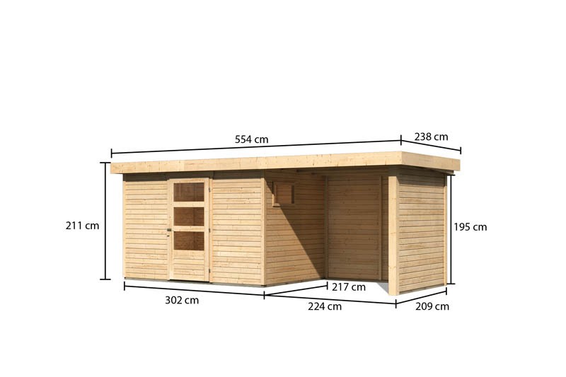 Woodfeeling Holz-Gartenhaus Oburg 4 mit Anbaudach 2,4m + Seiten- und Rückwand - 19 mm Schraub-/Stecksystem - naturbelassen