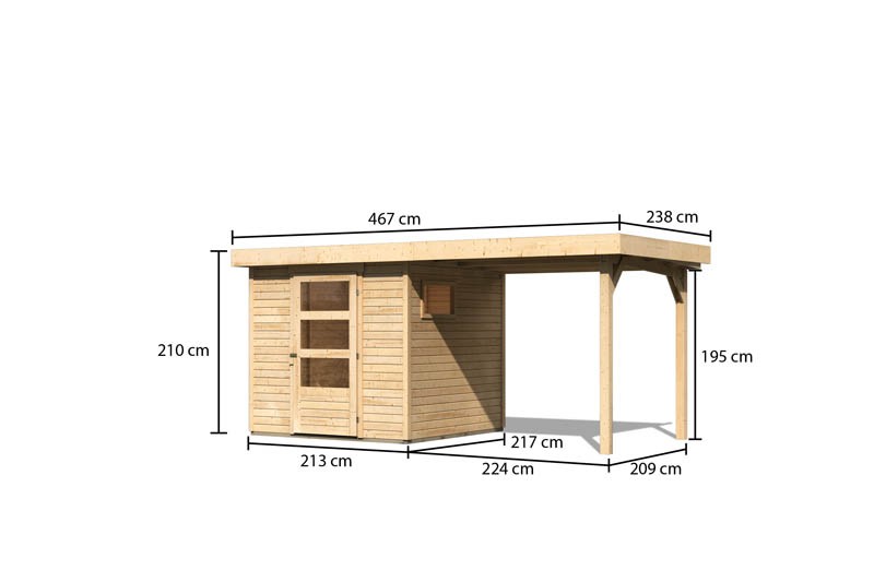 Woodfeeling Holz-Gartenhaus Oburg 2 mit Anbaudach 2,8m - 19 mm Schraub-/Stecksystem - naturbelassen