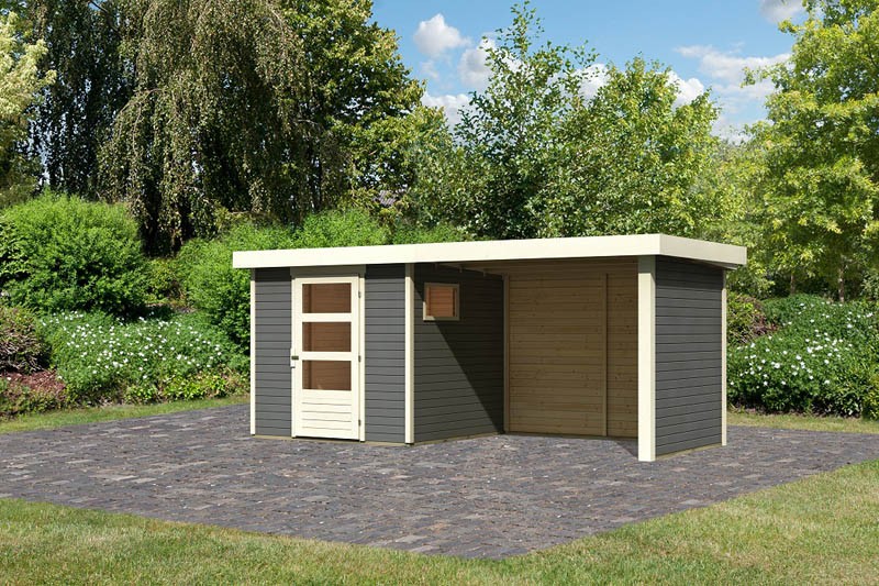 Woodfeeling Holz-Gartenhaus Oburg 2 mit Anbaudach 2,8m + Seiten- und Rückwand - 19 mm Schraub-/Stecksystem - terragrau