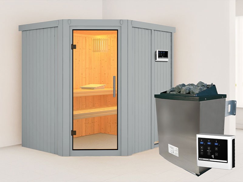 Jubiläums-Sparset: Karibu Systemsauna Jörgi - Klarglas - lichtgrau - 9kW Saunaofen & Zubehör