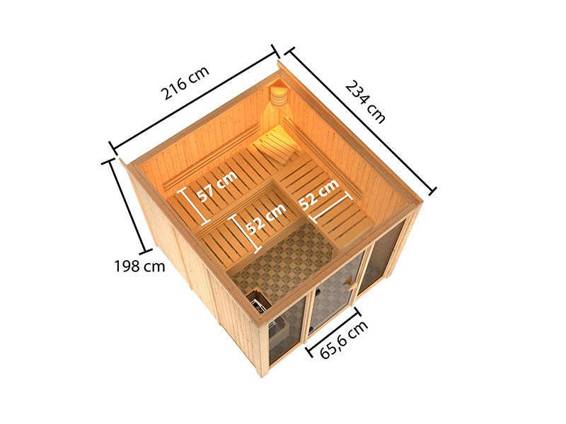 Karibu 68mm Systemsauna Askja - Superior-Ausstattung - Glasfront - 9kW Saunaofen mit integr. Steuerung