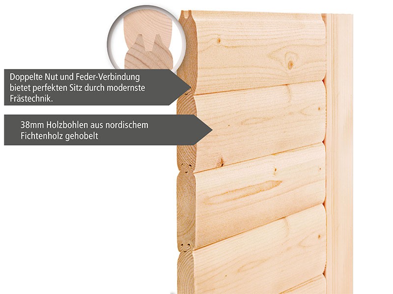 Karibu 38mm Gartensauna Lagom SET B - naturbelassen - Flachdach - 3 Liegen