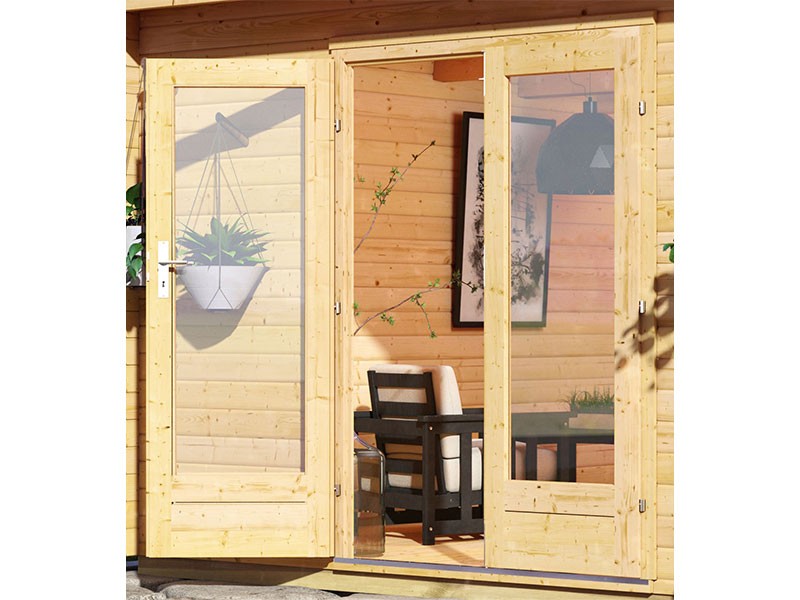 Karibu 38mm Gartensauna Mainburg 4 SET A - naturbelassen - 2 Liegen - 9kW Saunaofen mit externer Steuerung