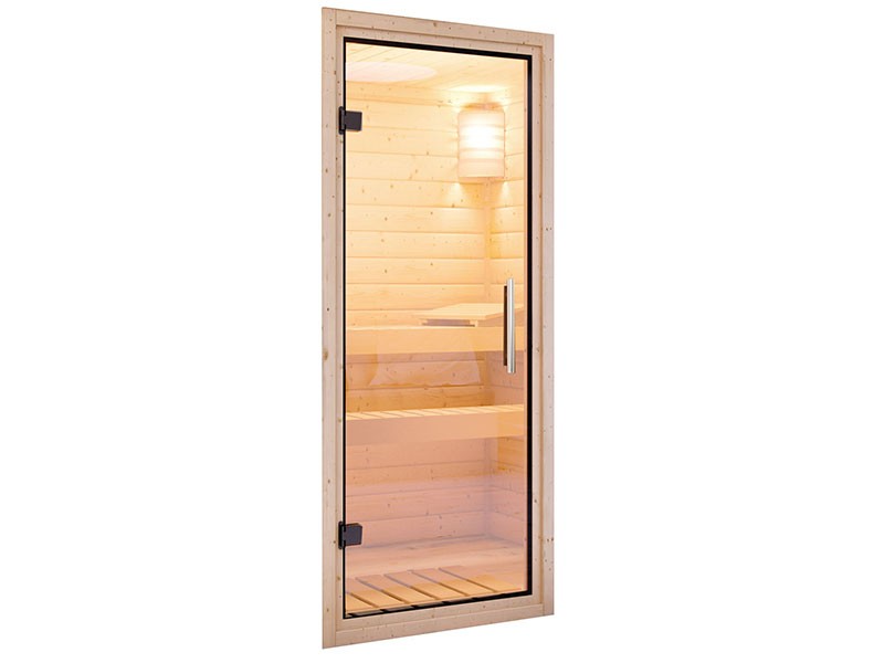 Karibu 38mm Gartensauna Mainburg 4 SET A - naturbelassen - 2 Liegen - 9kW Saunaofen mit externer Steuerung