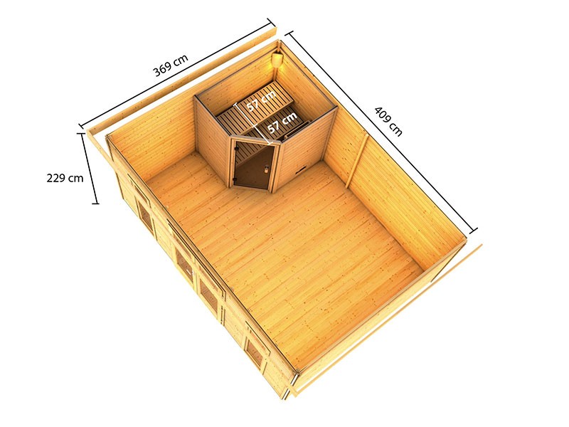 Karibu 38mm Gartensauna Mainburg 4 SET A - naturbelassen - 2 Liegen - 9kW Saunaofen mit externer Steuerung