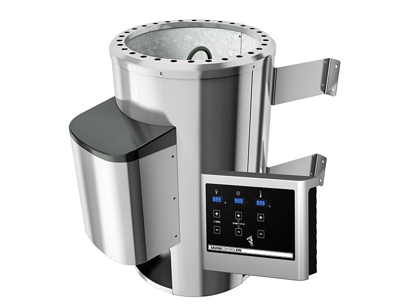 Karibu 68mm Systemsauna Lobin - Plug&Play - Eckeinstieg - Energiespartür - mit Dachkranz - 3,6kW Plug&Play Saunaofen mit externer Steuerung Easy