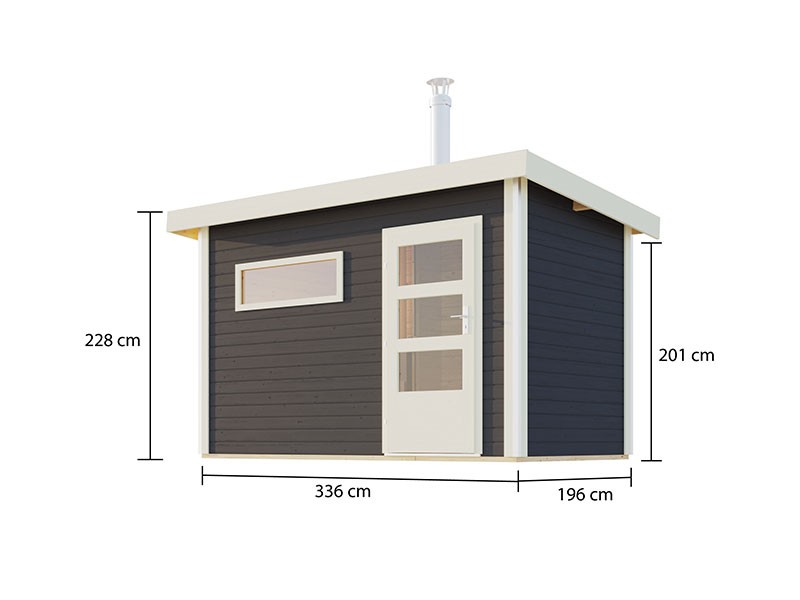 Karibu Gartensauna Skrollan 1 - 38mm Wandstärke - Vorraum - terragrau - moderne Saunatür - Holzofen inkl. Schornstein