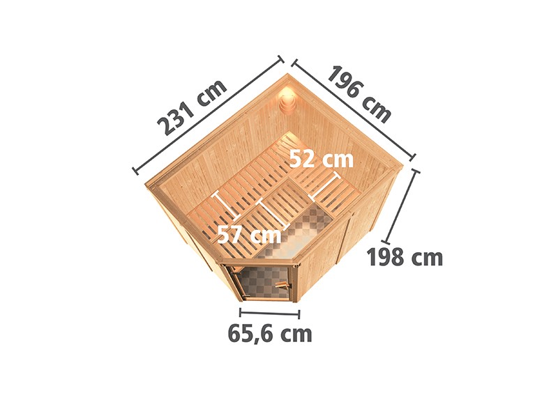Karibu 68mm Systembausauna Malin - Eckeinstieg - Ganzglastür bronziert - ohne Dachkranz