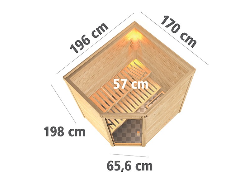 Woodfeeling 38 mm Massivholzsauna Mia - Eckeinstieg - Ganzglastür bronziert - ohne Dachkranz