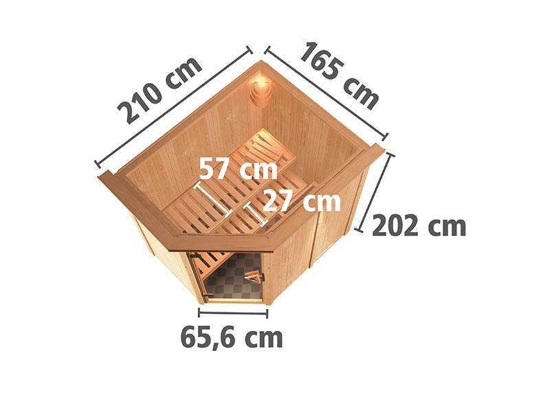 Karibu 68mm Systembausauna Carin - Eckeinstieg - Ganzglastür bronziert - mit Dachkranz