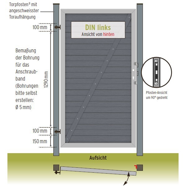 TraumGarten Gartentor DESIGN WPC ALU Anthrazit - DIN rechts - 98 x 180cm