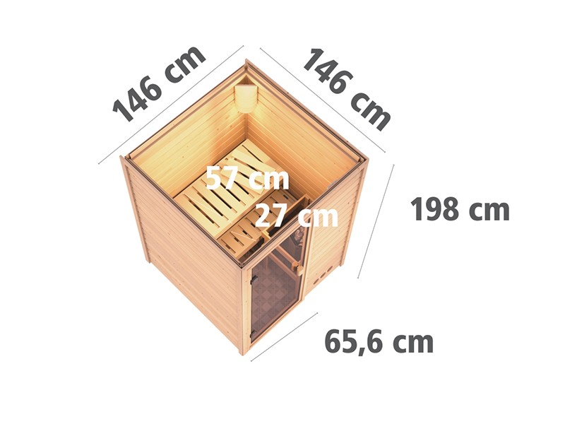 Woodfeeling 38 mm Massivholzsauna Svenja - Fronteinstieg - Ganzglastür bronziert - ohne Dachkranz