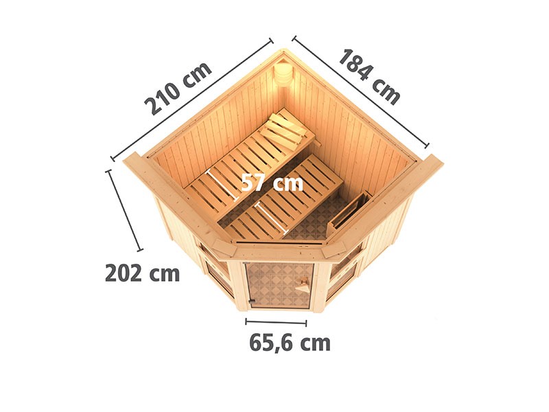 Karibu 68mm Systembausauna Amelia 1 - Eckeinstieg - große Fensterfront - mit Dachkranz - 9kW Bio-Kombiofen mit externer Steuerung Easy bio