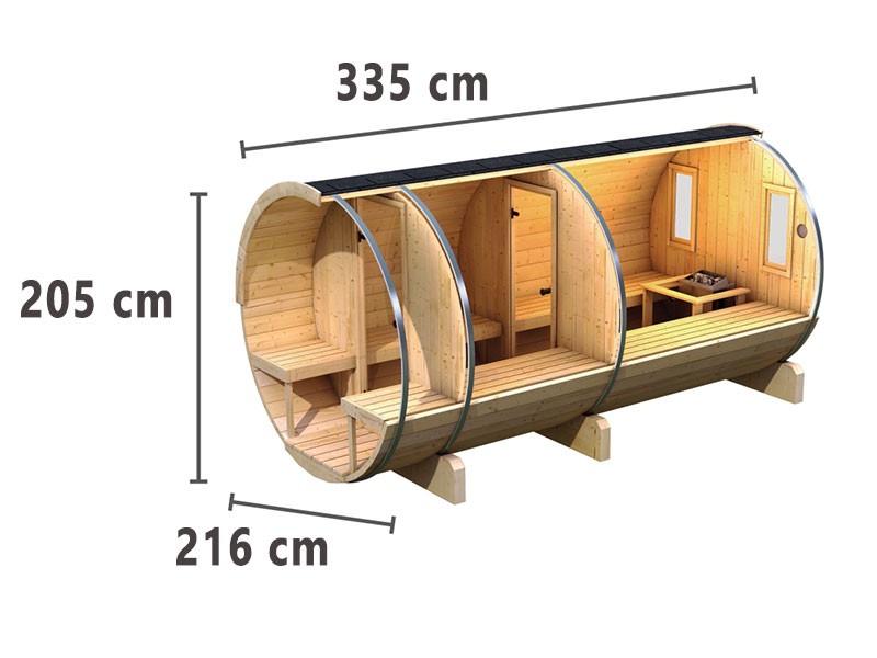 Karibu Fasssauna 4 mit Vorraum und Terrasse - 42 mm Saunahaus - Tonnendach - naturbelassen - 9kW Saunaofen mit externer Steuerung Easy 