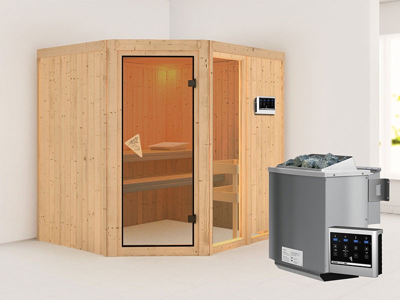 Karibu 68mm Systembausauna Fiona 2 - Eckeinstieg - Ganzglastür bronziert - ohne Dachkranz - 9kW Bio-Kombiofen mit externer Steuerung Easy bio