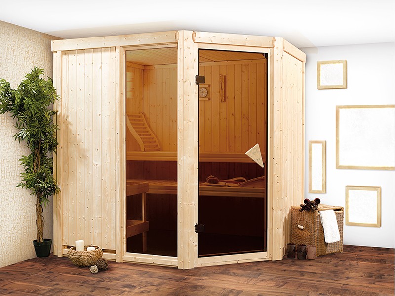 Karibu 68mm Systembausauna Fiona 2 - Eckeinstieg - Ganzglastür bronziert - ohne Dachkranz - 9kW Bio-Kombiofen mit externer Steuerung Easy bio