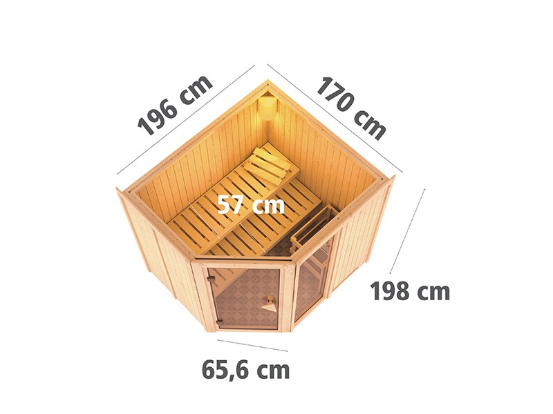 Karibu 68mm Systembausauna Fiona 2 - Eckeinstieg - Ganzglastür bronziert - ohne Dachkranz - 9kW Bio-Kombiofen mit externer Steuerung Easy bio