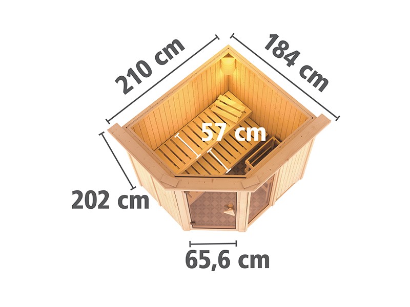 Karibu 68mm Systembausauna Fiona 2 - Eckeinstieg - Ganzglastür bronziert - mit Dachkranz - 9kW Saunaofen mit externer Steuerung Easy 