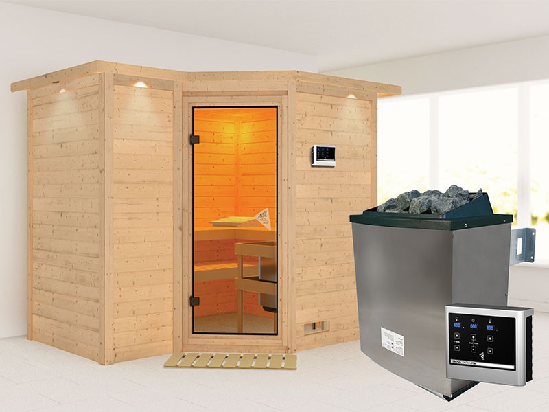 Karibu 40mm Comfort Massivholzsauna Sahib 2 - Eckeinstieg - Ganzglastür bronziert - mit Dachkranz - 9kW Saunaofen mit externer Steuerung Easy
