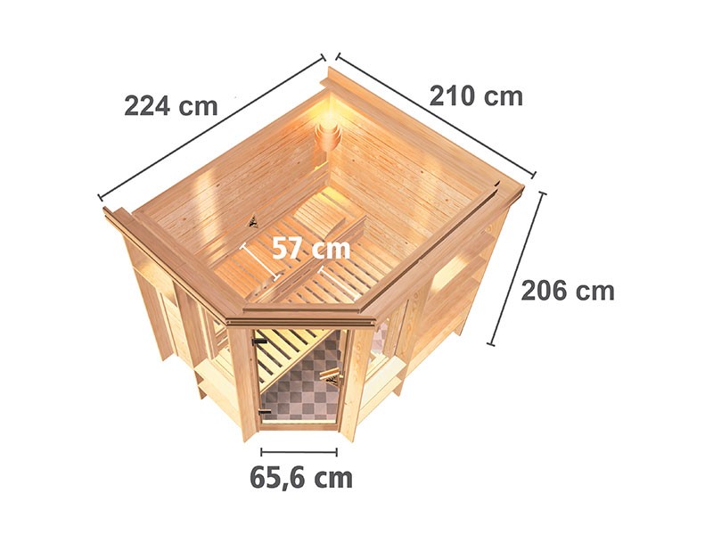 Karibu 40mm Premium Massivholzsauna Cortona - Eckeinstieg – Ganzglastür bronziert - mit Dachkranz - 9kW Saunaofen mit externer Steuerung Easy