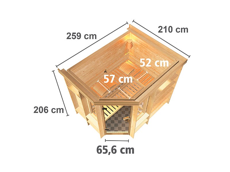 Karibu 40mm Premium Massivholzsauna Riona - Eckeinstieg – Ganzglastür bronziert - mit Dachkranz - 9kW Saunaofen mit externer Steuerung Easy