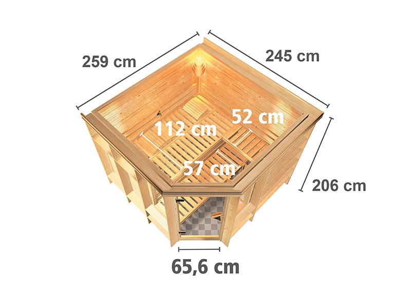 Karibu 40mm Premium Massivholzsauna Marona - Eckeinstieg – Ganzglastür bronziert - mit Dachkranz - 9kW Saunaofen mit integr. Steuerung