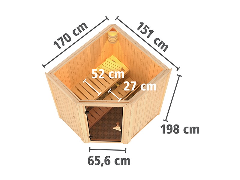 Karibu 68mm Systembausauna Taurin - Eckeinstieg - Ganzglastür bronziert - ohne Dachkranz