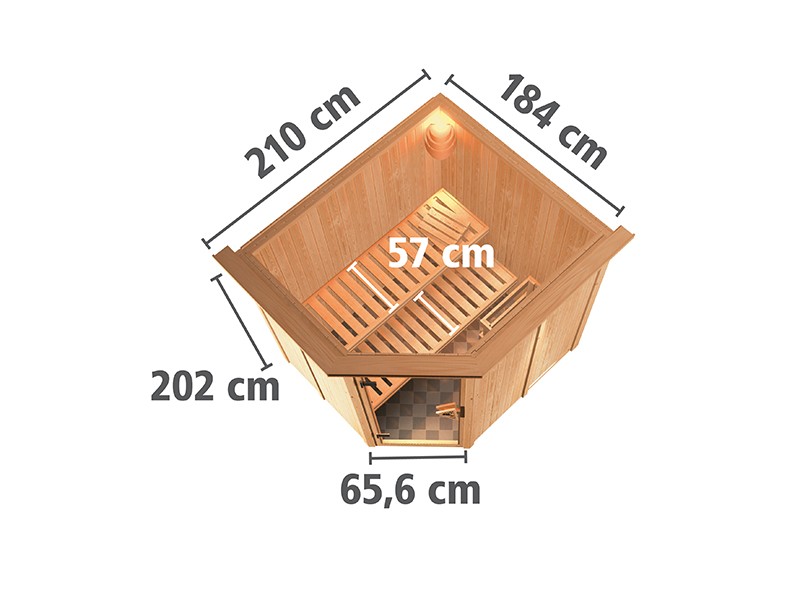 Karibu 68mm Systembausauna Siirin - Eckeinstieg - Energiespartür - mit Dachkranz