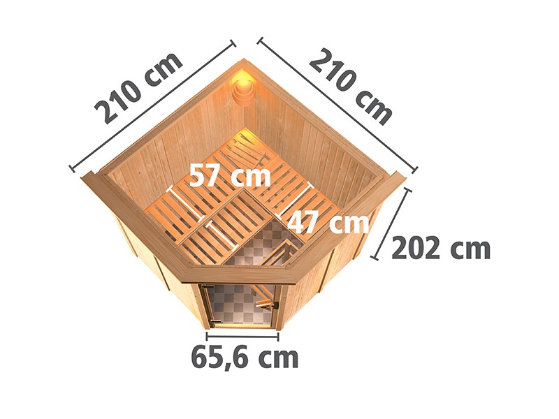 Karibu 68mm Systembausauna Jarin - Eckeinstieg - Ganzglastür graphit - mit Dachkranz