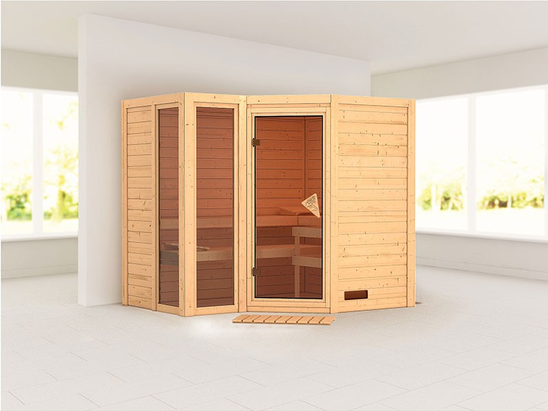 Karibu 40mm Comfort Massivholzsauna Amara - Eckeinstieg - Ganzglastür bronziert - 2 große Fenster - ohne Dachkranz 