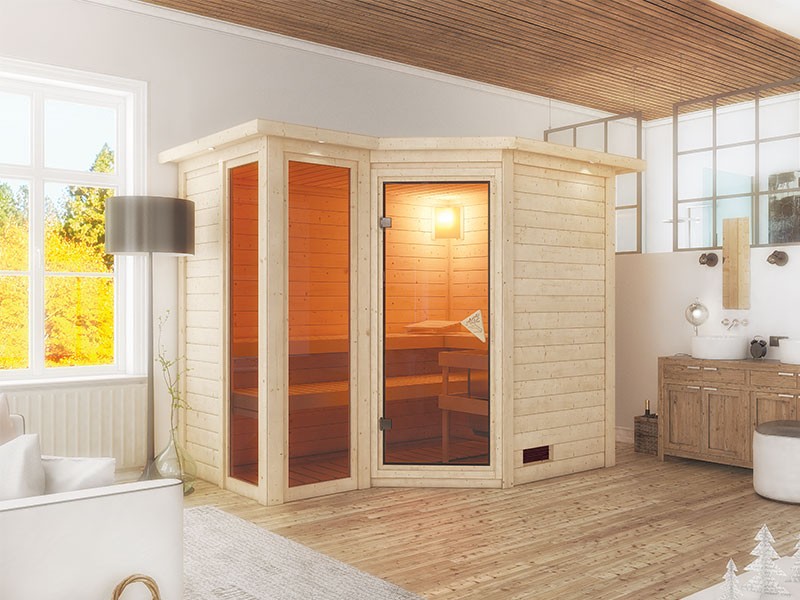 Karibu 40mm Comfort Massivholzsauna Amara - Eckeinstieg - Ganzglastür bronziert - 2 große Fenster - mit Dachkranz - 9kW Saunaofen mit externer Steuerung Easy 