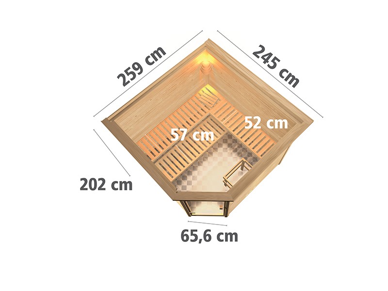 Woodfeeling 38 mm Massivholzsauna Leona - Eckeinstieg - Energiespartür - mit Dachkranz