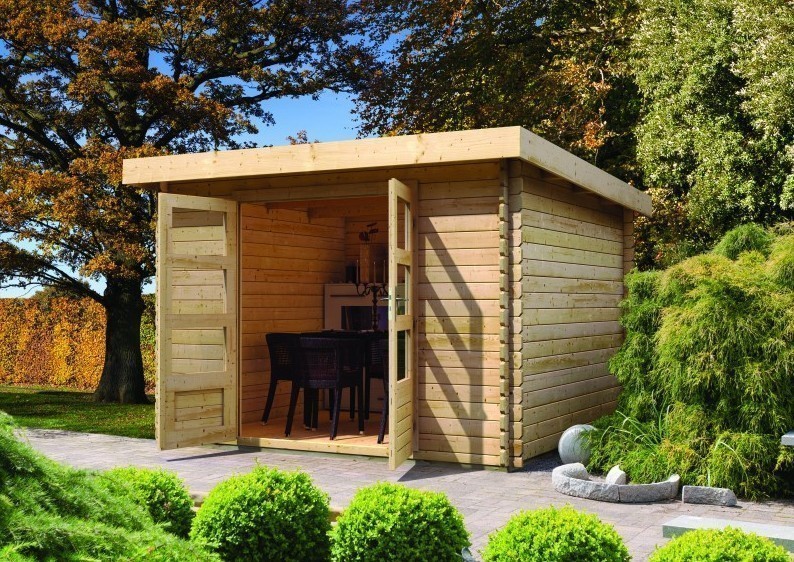 Karibu Woodfeeling Holz-Gartenhaus Pultdach Bastrup 5 - 28 mm Blockbohlen - naturbelassen